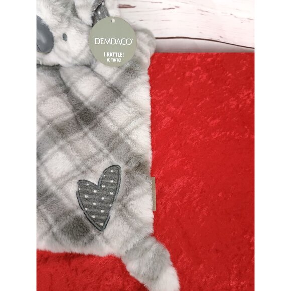 Demdaco Koala Kisses Rattle Blankie 9" X 9" Soft Plush Baby Toy Gray White Plaid - Picture 3 of 8